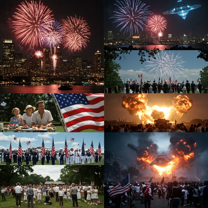 Montage of iconic 4th of July Hollywood movie scenes: patriotic fireworks, family backyard BBQ, military parade with American flags, and a dramatic sci-fi explosion, illustrating evolving cinematic depictions of patriotism and celebration.