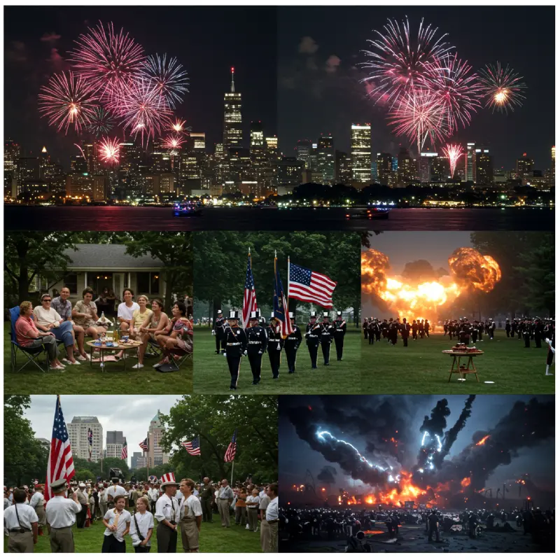 Dynamic montage of Hollywood's 4th of July scenes: patriotic fireworks over city, family barbecue, military parade with American flags, and a dramatic sci-fi explosion, reflecting evolving film depictions of celebration and patriotism.