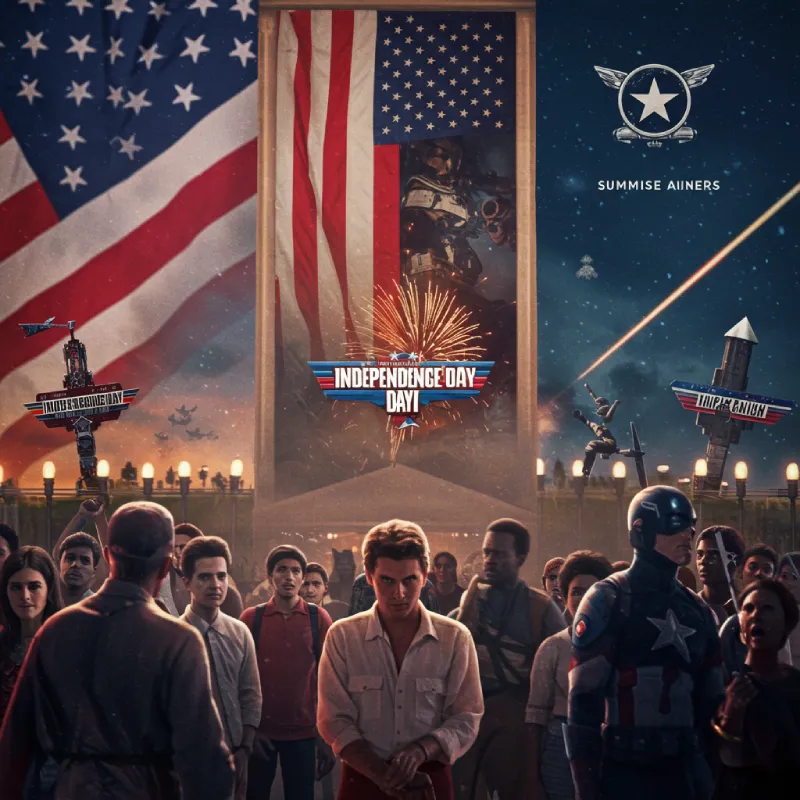 Cinematic image representing Hollywood blockbusters, Independence Day, and American patriotism, featuring elements from Jaws, Star Wars, and Top Gun.
