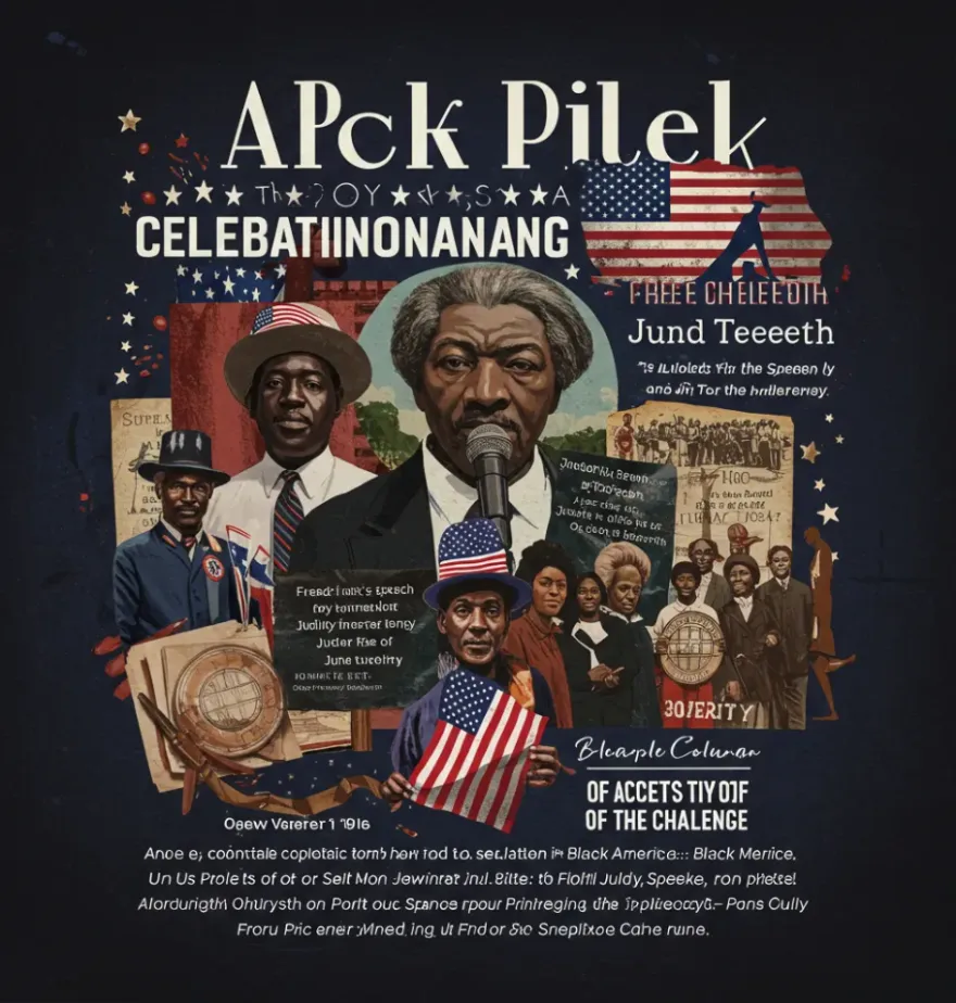 A composite image blending 4th of July celebration (family cookout, music, art) with symbols of Black American history and struggle for justice (Frederick Douglass speech, Juneteenth flag, liberation imagery). Conveys complex patriotism, joy, contemplation, and resilience.