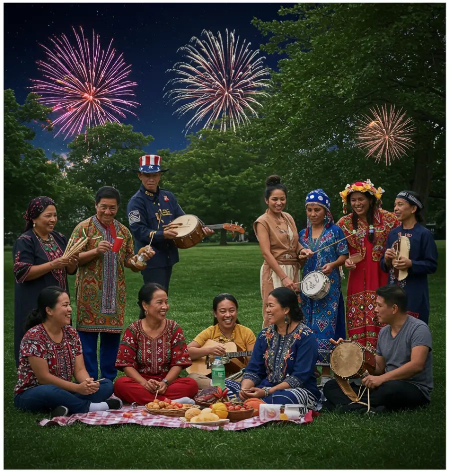 A composite image showing diverse immigrant families celebrating 4th of July, blending American traditions (distant fireworks, small flag) with their own cultural elements (Filipino barbecue, Mexican tamales, Vietnamese pho, traditional music), symbolizing new beginnings, hope, and navigating belonging.