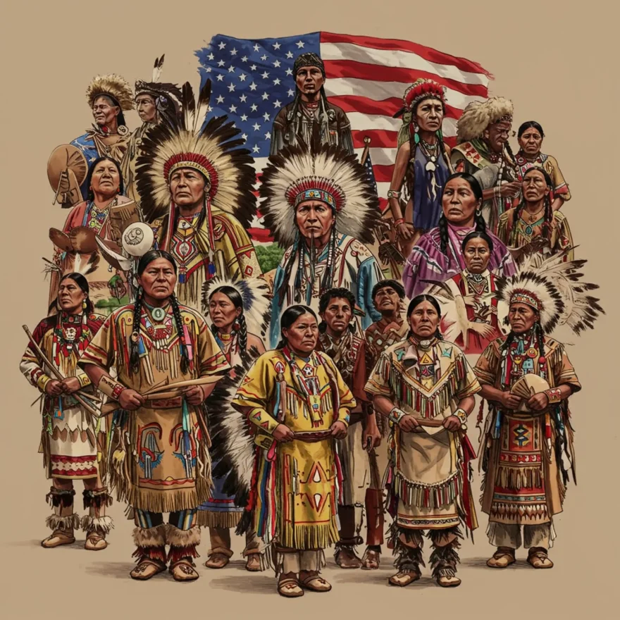 A powerful composite image of Indigenous Peoples reclaiming their narrative, blending traditional culture (clothing, powwows, art) with symbols of resilience and resistance. Shows elements of mourning (broken treaty) juxtaposed with vibrant celebration, emphasizing strength and cultural pride against the backdrop of the 4th of July.