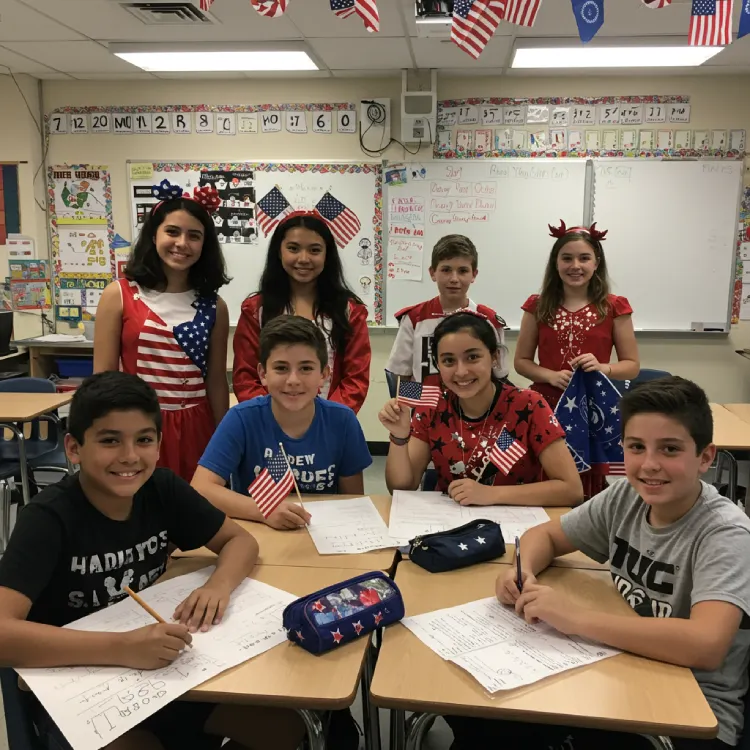Group of students in a decorated classroom holding American flags and wearing red, white, and blue outfits during a Fourth of July educational activity.