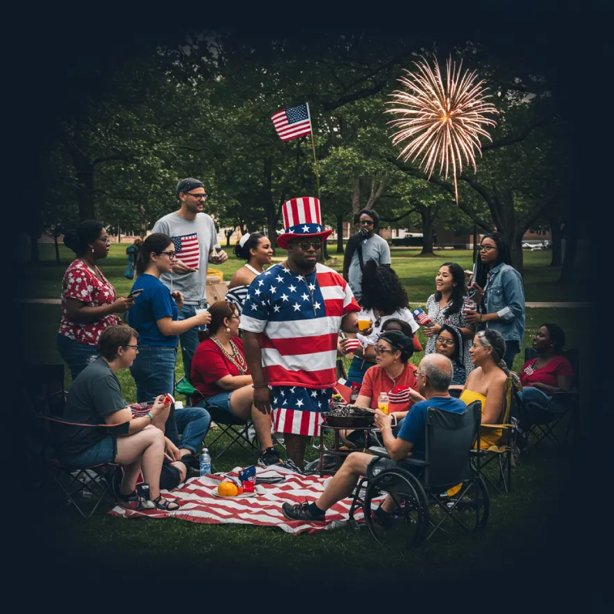 A powerful composite image of diverse individuals representing multiple intersectional identities (e.g., Black immigrant, queer Native, disabled veteran) celebrating 4th of July with hybrid traditions, blending American customs with unique cultural elements, conveying complex belonging and a richer national conversation.