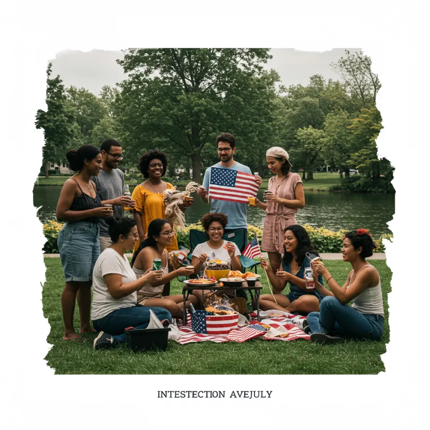A powerful composite image of diverse individuals representing multiple intersectional identities (e.g., Black immigrant, queer Native, disabled veteran) celebrating 4th of July with hybrid traditions, blending American customs with unique cultural elements, conveying complex belonging and a richer national conversation.