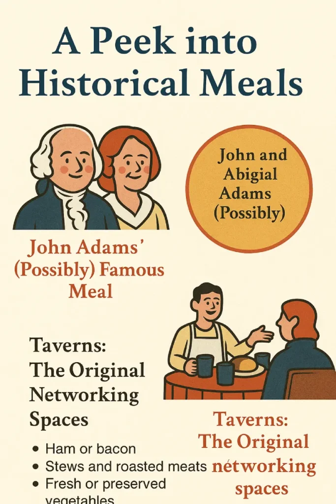 Infographic showing John and Abigail Adams' possible July 4th meal and colonial tavern food including ham, roasted meats, vegetables, and ale.