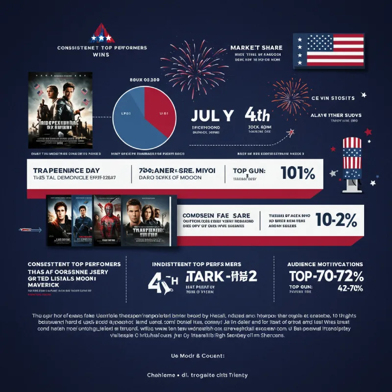 Infographic showing July 4th box office success, featuring movies like Independence Day, Transformers, Spider-Man, and Top Gun Maverick, with data on market share and audience motivation for patriotic films.