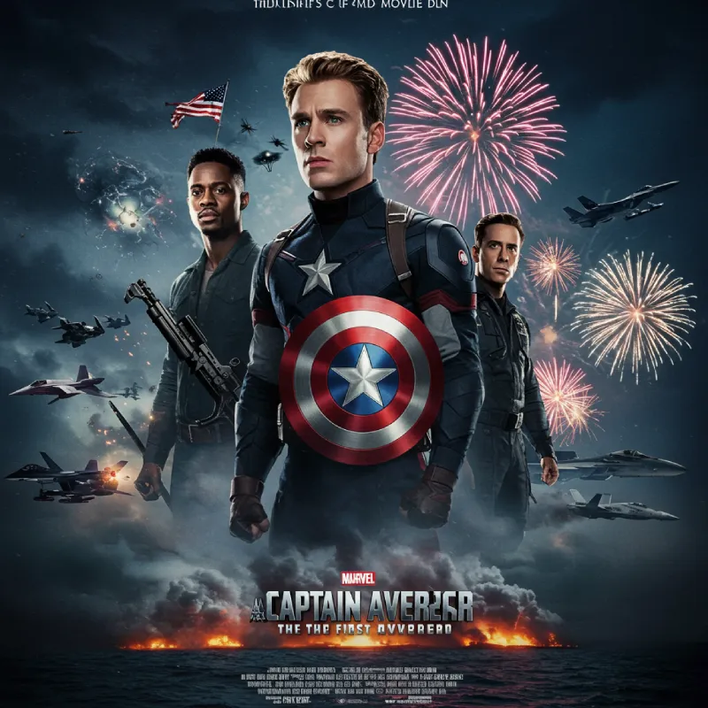 Epic image showcasing July 4th movie brands: Independence Day alien invasion, Captain America shield, and Top Gun Maverick fighter jets with fireworks, representing patriotic blockbuster success.