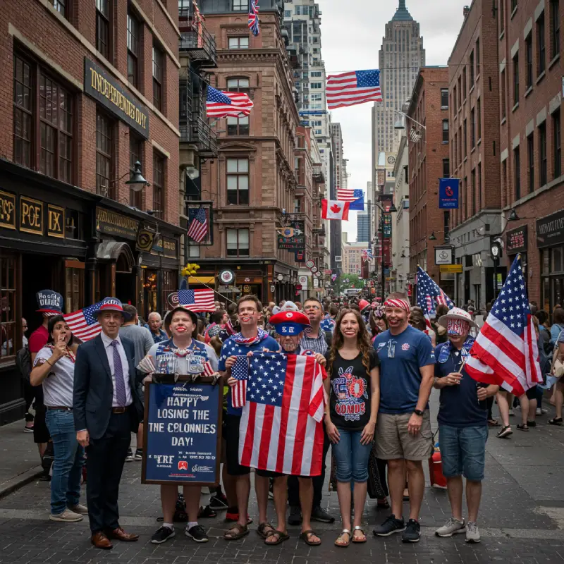 People in American-themed outfits celebrating July 4th on a British-style street with flags and a sign that reads "Happy Losing the Colonies Day"