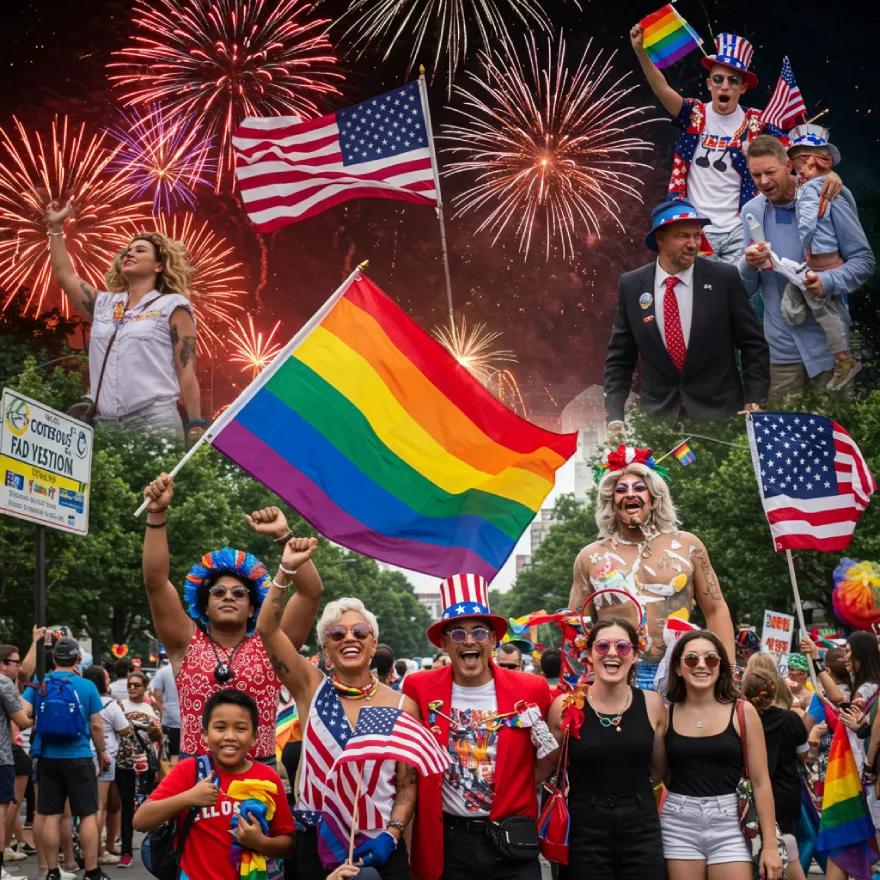 A vibrant composite image showing diverse LGBTQ+ individuals and families celebrating 4th of July, waving both rainbow flags and American flags side-by-side. Blends traditional celebrations with LGBTQ+ pride symbols, conveying joy, visibility, progress, and proud belonging.