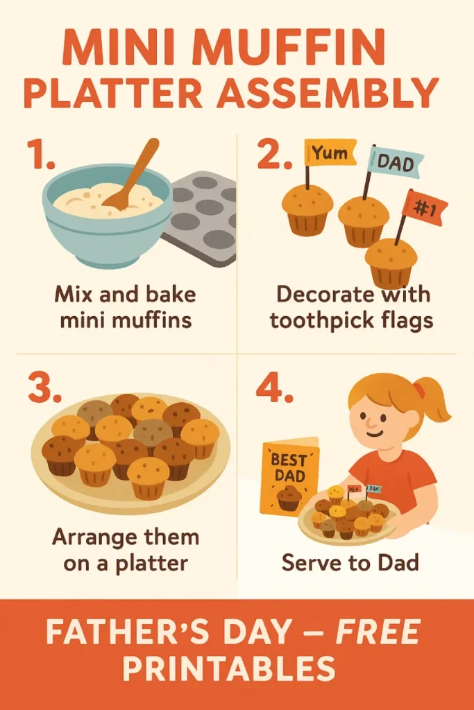 Step-by-step digital illustration showing how to make a mini muffin platter for Father’s Day, from mixing and baking to decorating and serving