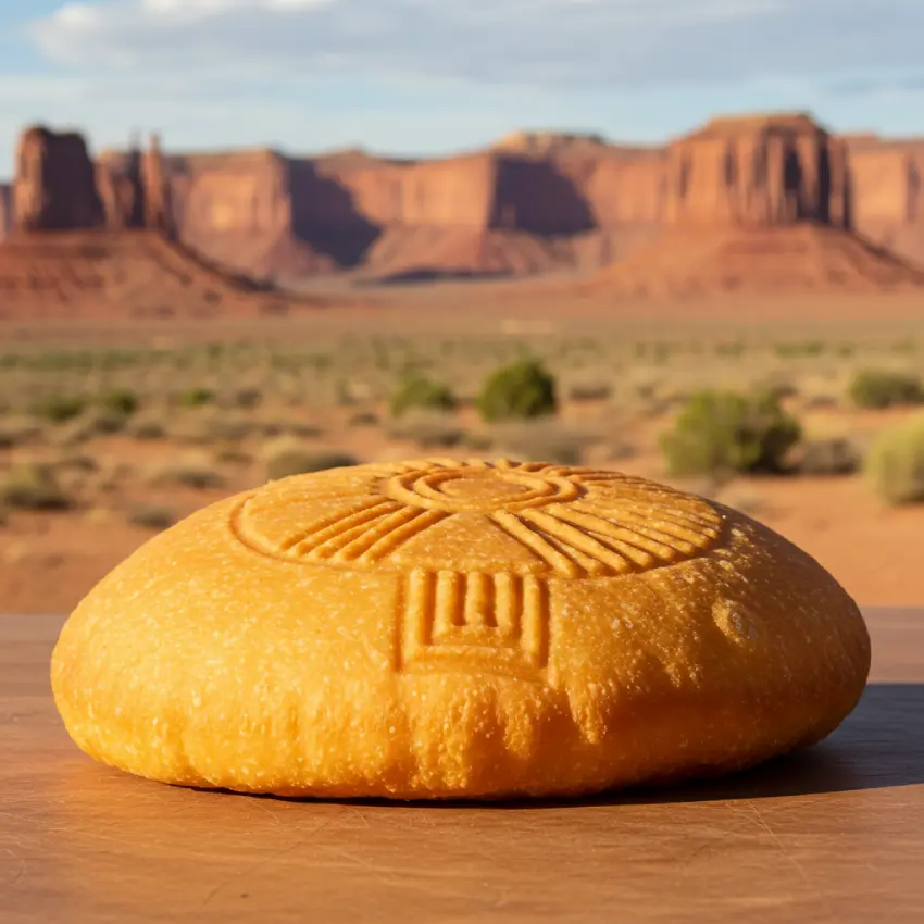 Golden-brown Navajo Frybread with traditional patterns, set against a soft, blurred background of Southwest desert mesas, symbolizing Indigenous resilience and rich cultural history.