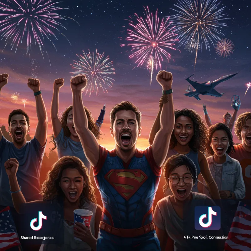 Diverse group of people enjoying a shared national experience, with elements of epic action, optimism, and social media engagement, representing the audience appeal of patriotic blockbusters.