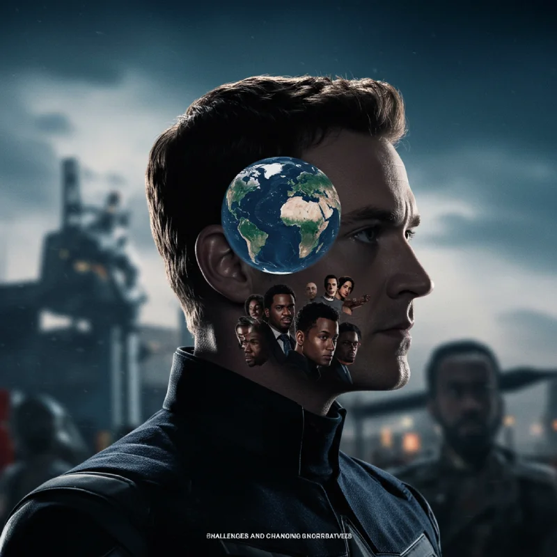 Image depicting the evolution of patriotic blockbusters, showing audience skepticism, nuanced storytelling, global unity, and diverse perspectives, with subtle nods to films like Captain America: Civil War.