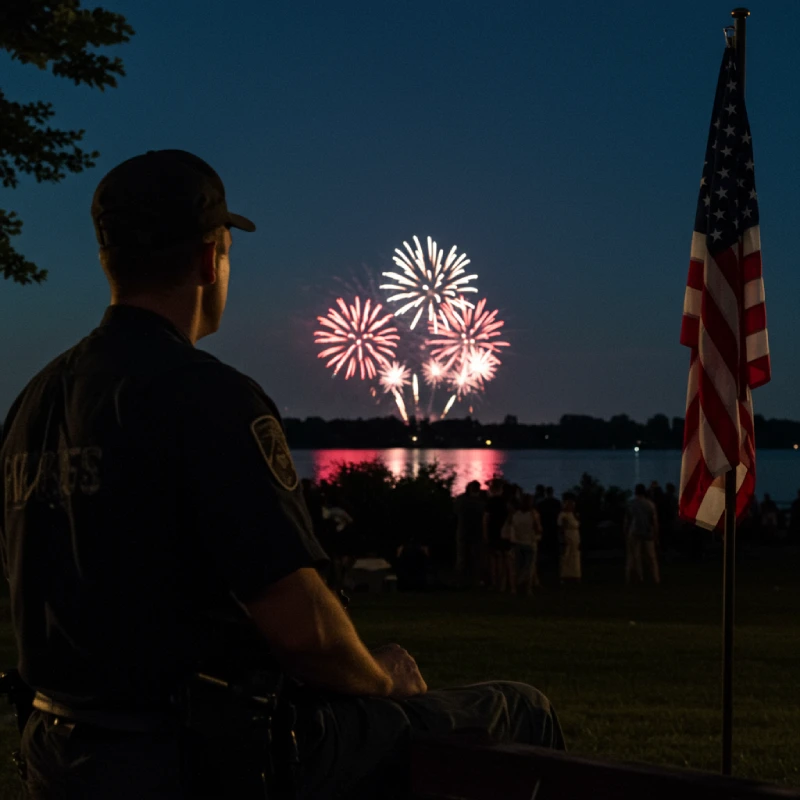 A somber, introspective scene depicting a post-9/11 4th of July in Hollywood, with a lone figure observing muted fireworks and a subtle, weathered American flag, symbolizing reflection on duty, sacrifice, and moral ambiguity.