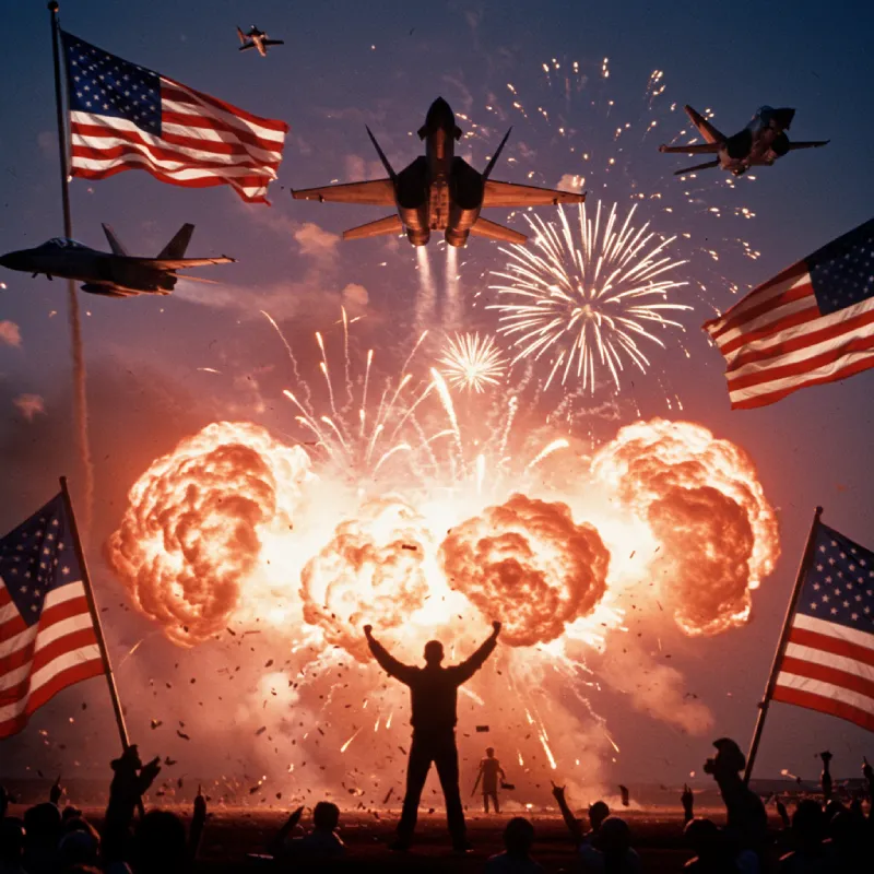 A somber, reflective 4th of July scene from post-9/11 Hollywood: a lone figure contemplating a muted fireworks display, a subtle American flag, conveying themes of personal sacrifice, duty, and moral ambiguity, with muted, introspective colors.
