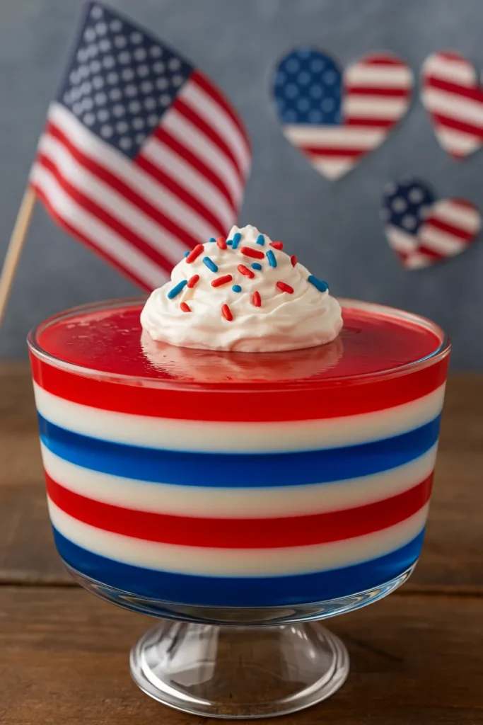 A patriotic-themed layered Jello salad in red, white, and blue, topped with whipped cream and berries, perfect for Fourth of July celebrations in 2025.