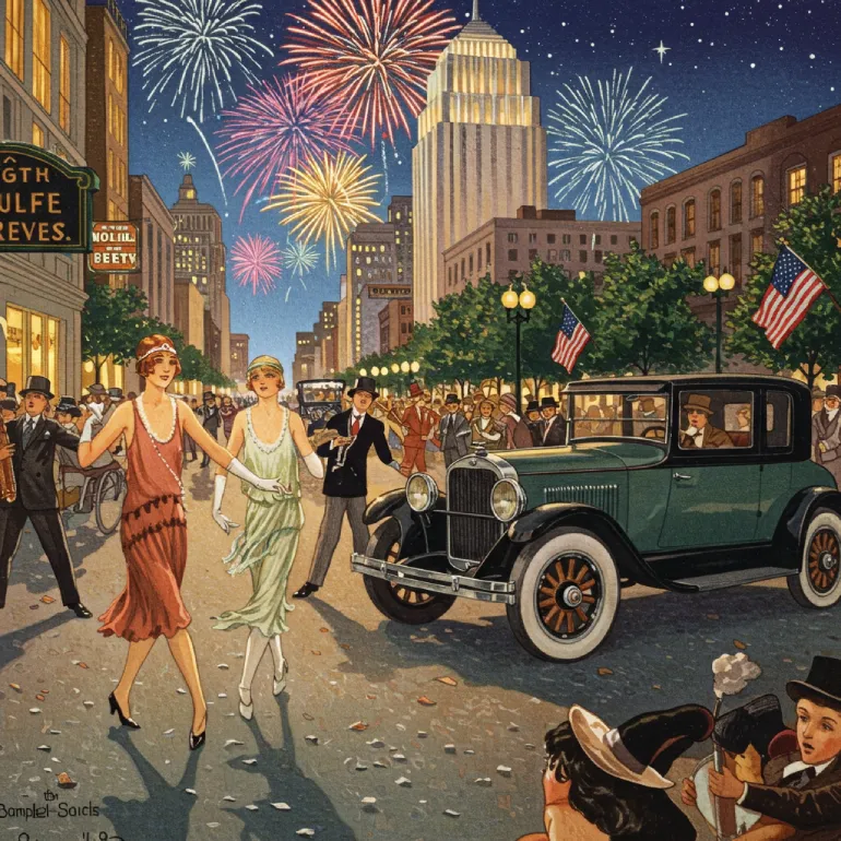 Vibrant historical painting of a 1920s Fourth of July celebration, featuring flappers, jazz music, vintage automobiles, and a professional fireworks display over an urban skyline, embodying the modernity and consumerism of the era.