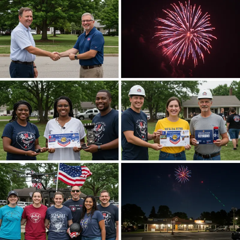 A hopeful montage showing small towns overcoming 4th of July challenges: a business owner shaking hands with a town official (sponsorship), diverse volunteers collaborating, two towns sharing resources, and a modern drone light show, conveying collaboration, innovation, and successful celebration.