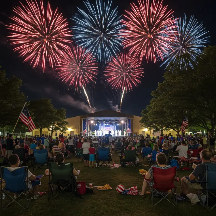Crowd gathered on a U.S. military base lawn watching red, white, and blue fireworks above a concert stage during a Fourth of July celebration