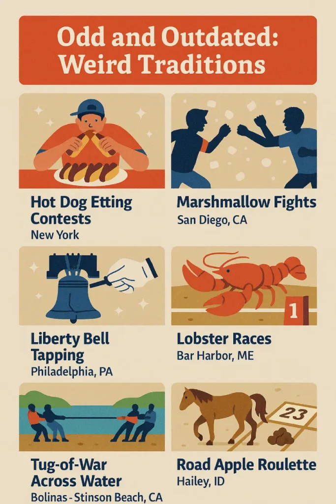 Infographic showing unusual 4th of July traditions in the U.S. like hot dog contests, marshmallow fights, lobster races, and more