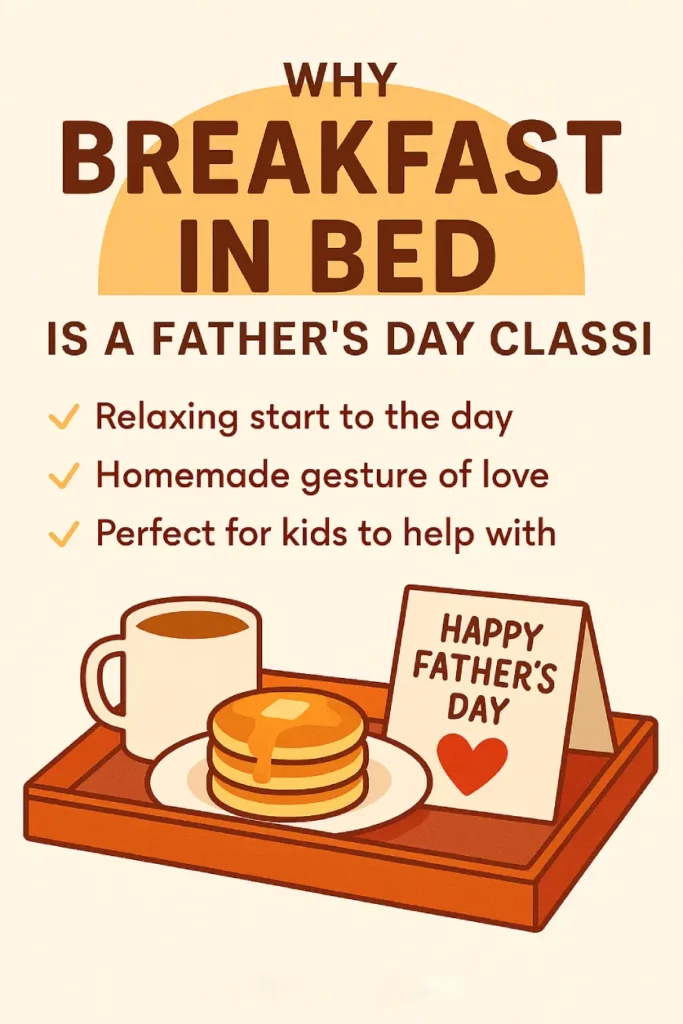 2D infographic with breakfast tray, pancakes, and coffee, listing three reasons why breakfast in bed is a Father’s Day tradition
