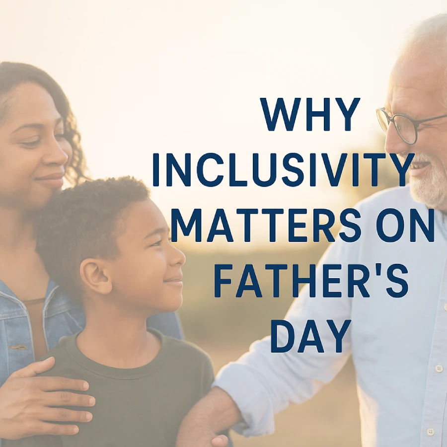 A photo of a multi-generational family with a mother, child, and grandfather smiling together outdoors, with the text “Why Inclusivity Matters on Father's Day” overlaid.