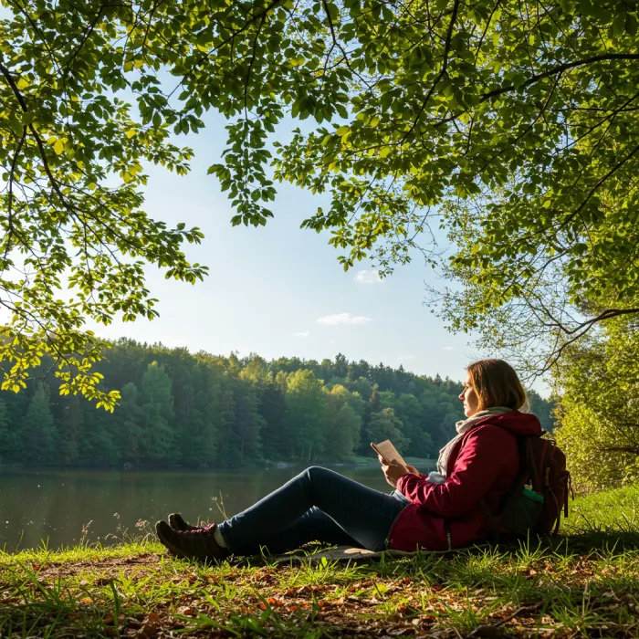 A serene scene of a person enjoying nature without a phone, possibly reading a book or observing the sky, symbolizing a digital detox and reconnection with the real world. Peaceful atmosphere.