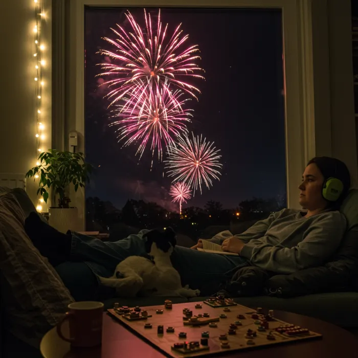 A calm and safe indoor scene during fireworks, showing a person or pet comfortably relaxed with muted lights, possibly wearing ear protection or engaged in a quiet activity like reading or a board game. The image emphasizes tranquility and safety amidst distant, subtle fireworks, without showing distress.