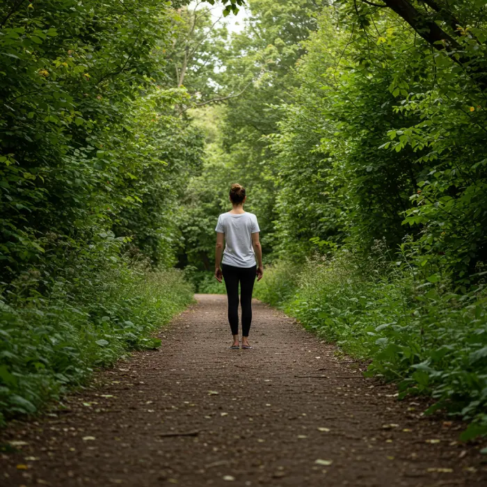 A person taking a slow, mindful walk in a serene park or forest, surrounded by lush greenery and natural light. The image emphasizes gentle movement, peace, and the calming effect of nature, with subtle elements of stretching or quiet contemplation.