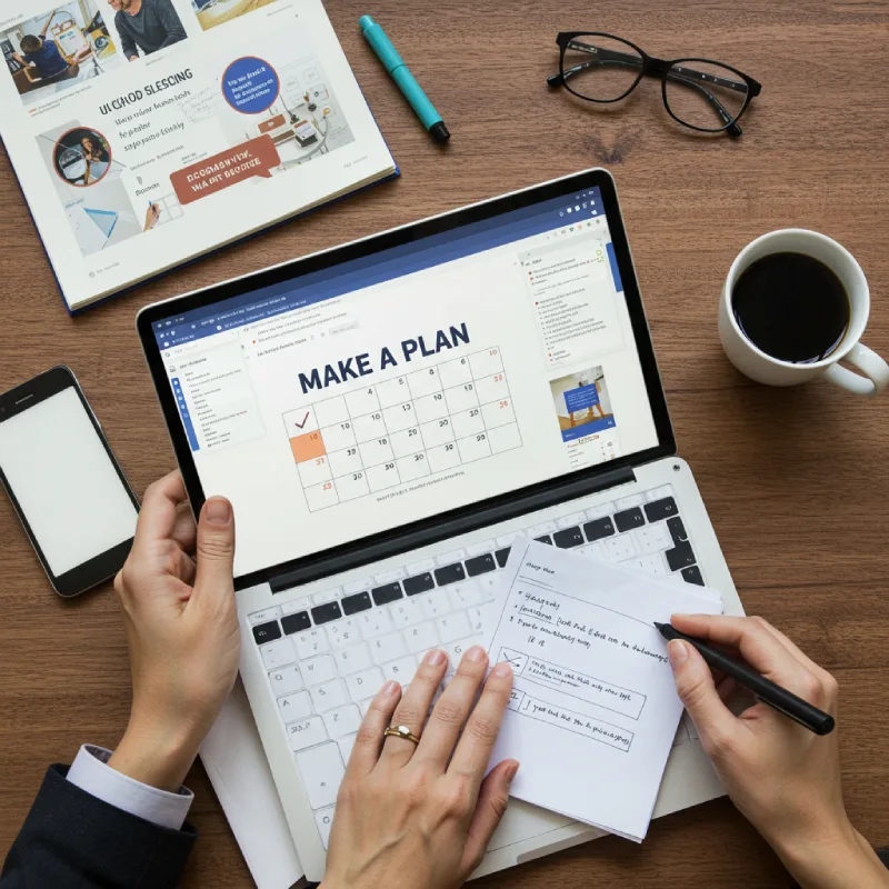 Visual representation of blogging plan with a calendar, checklist of topics, and writing tools, showing organization and consistency.