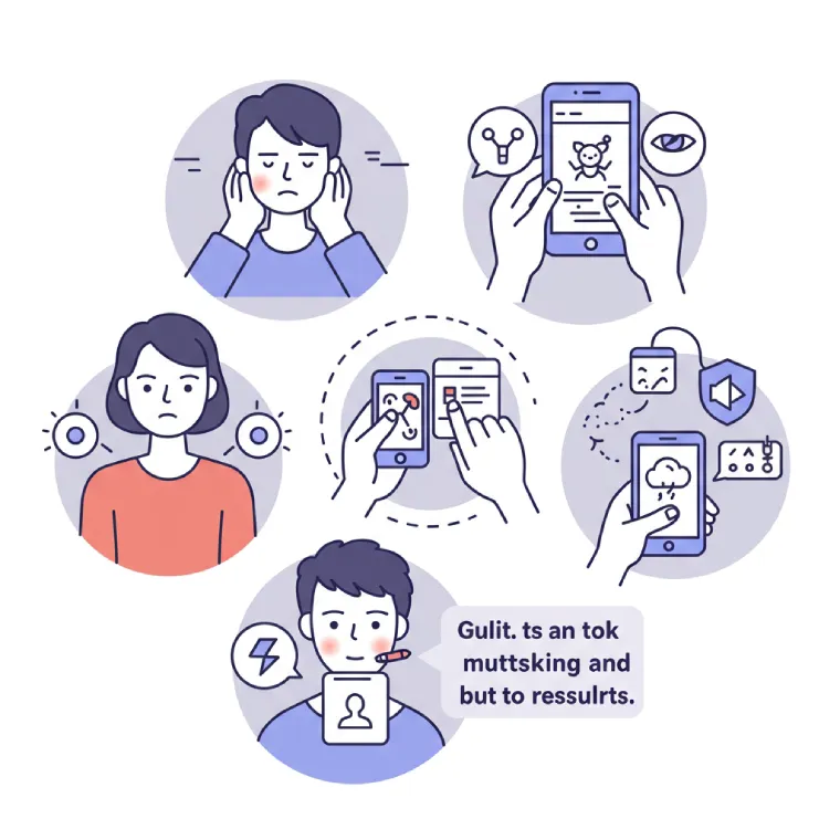 An image depicting common pitfalls when trying to relax: a stressed person forcing relaxation, someone multitasking with multiple devices, or an impatient individual waiting for results. Uses visual cues for guilt, forcing, multitasking, and impatience, with a cautionary but helpful tone.