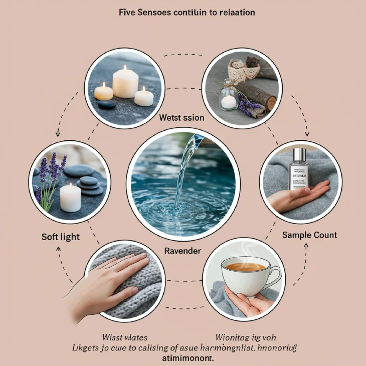 A harmonious image depicting multiple senses contributing to relaxation: soft light, gentle flowing water, a subtle lavender aroma, a hand touching a soft blanket, and a person mindfully savoring a warm drink. Conveys a calming atmosphere.