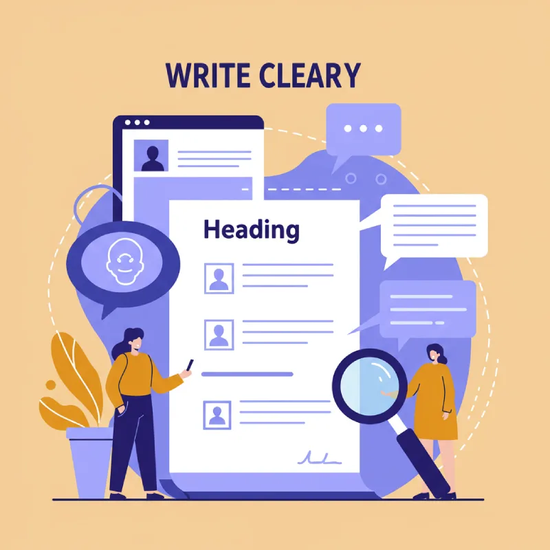 Visual guide for clear writing in blogs, showing short sentences, paragraphs, headings, lists, and proofreading.