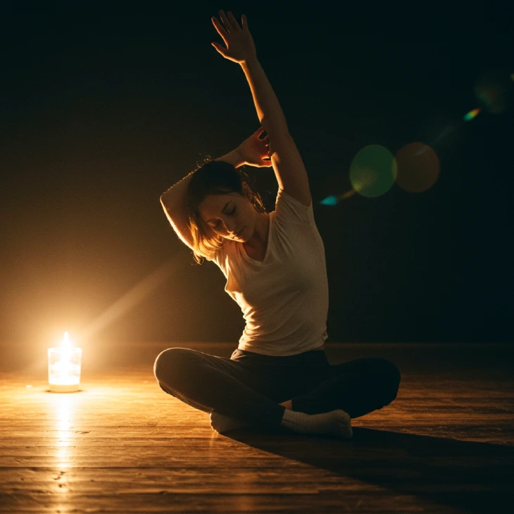 A person in a state of deep relaxation, possibly meditating or stretching, with calm body language. The scene conveys peace, rejuvenation, and mental clarity through soft light and serene colors, focusing on physical and mental tranquility.
