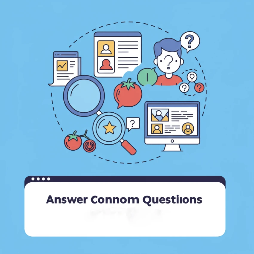 Magnifying glass over a question mark, speech bubbles with common questions, and a blog post showing answers, representing answering reader queries.