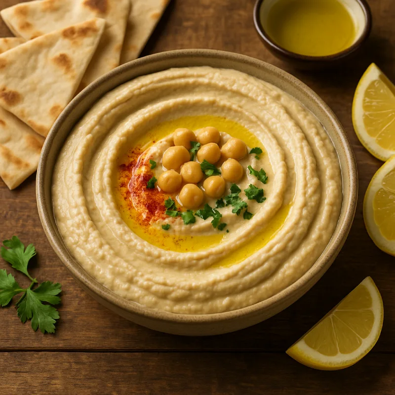 Creamy bowl of authentic Lebanese hummus garnished with olive oil, chickpeas, paprika, and parsley, served with pita bread and lemon wedges