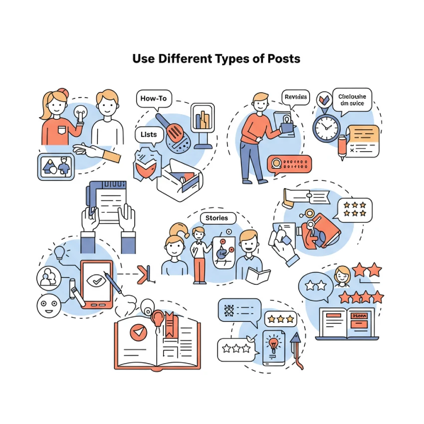 Visual representation of diverse blog post formats: how-to guides, lists, stories, and reviews, with relevant icons.