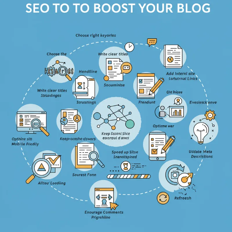 Visual guide to SEO for blogs, showing keywords, clear titles, headings, internal/external links, short paragraphs, image optimization, mobile-friendliness, site speed, meta descriptions, comments, shares, and updated posts.