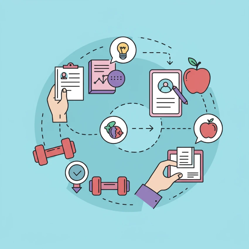 Visual concept of starting simple in blogging, showing a clear path and basic topic icons like a dumbbell and an apple.
