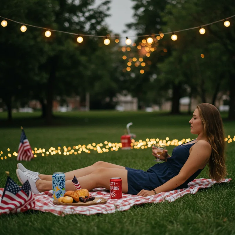 A serene scene of a person relaxing on a picnic blanket during a peaceful 4th of July celebration, with soft lighting and distant, subtle fireworks. Emphasizes calm amidst festivities.