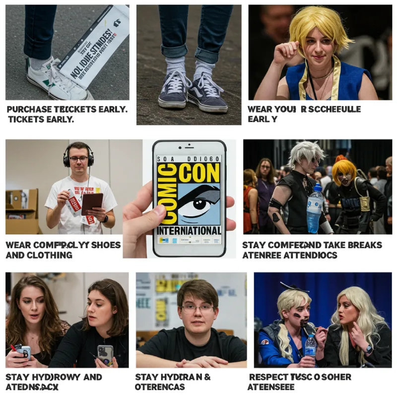 Visual guide for attending Comic-Con 2025: early tickets, schedule planning, comfortable attire, hydration, and respect for others.
