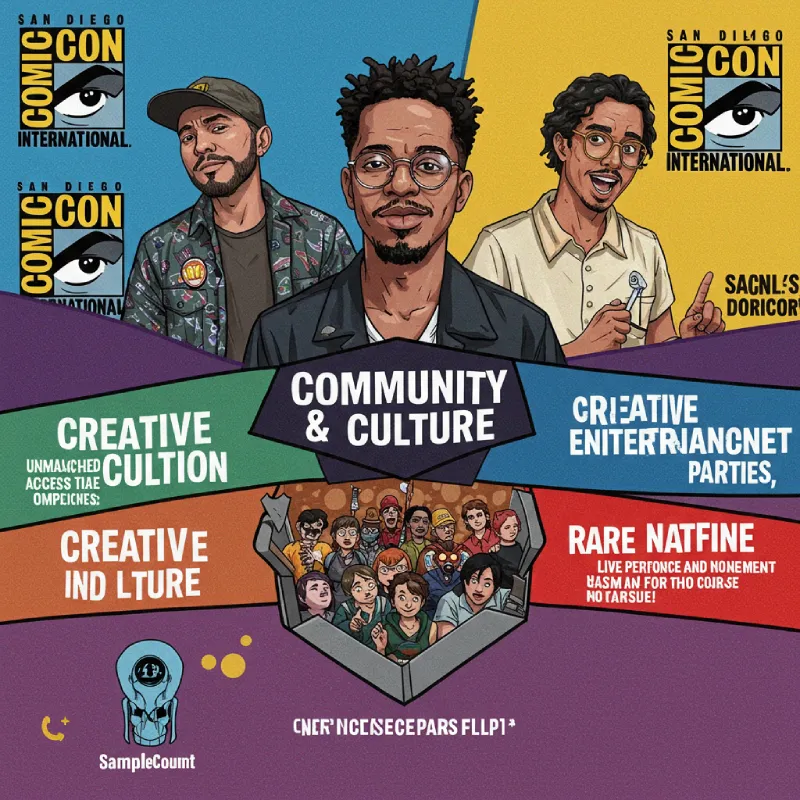 Composite image showing reasons to attend Comic-Con 2025: exclusive content, community, inspiration, entertainment, and collectibles.
