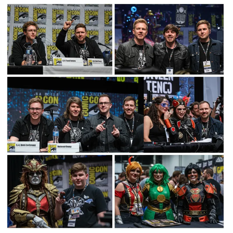 Dynamic composite image of Comic-Con International 2025 highlights: Q&A panels, exhibition booths, cosplay, and autograph sessions.