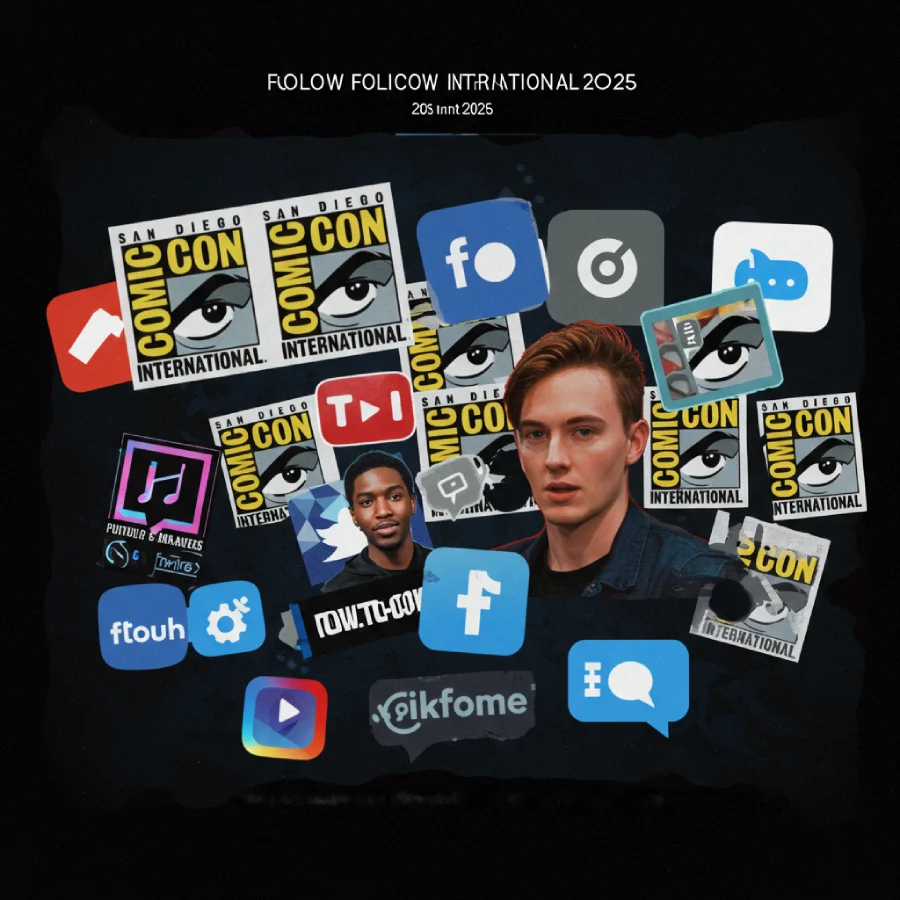 Visual guide on following Comic-Con International 2025 online, with streaming platform logos and social media icons.