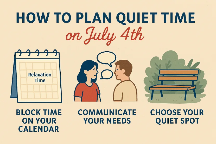 Infographic showing three steps to plan quiet time on July 4th: block time on your calendar, communicate your needs, and choose your quiet spot, illustrated with calendar, conversation, and park bench icons.