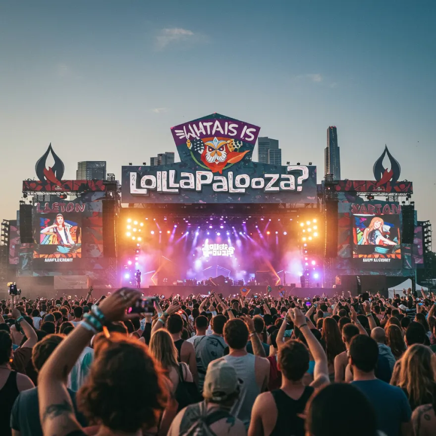 Vibrant Lollapalooza music festival in Chicago with diverse music styles, art, and food vendors.