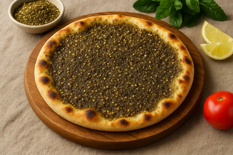 A stylized Lebanese flatbread (Manakish) with za'atar, cheese, and meat toppings, resembling a pizza.