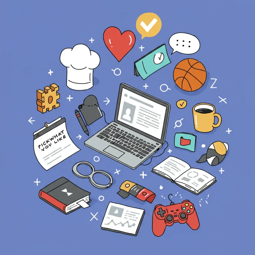 Person happily writing or typing, surrounded by symbols of diverse interests like cooking, sports, books, and gaming.