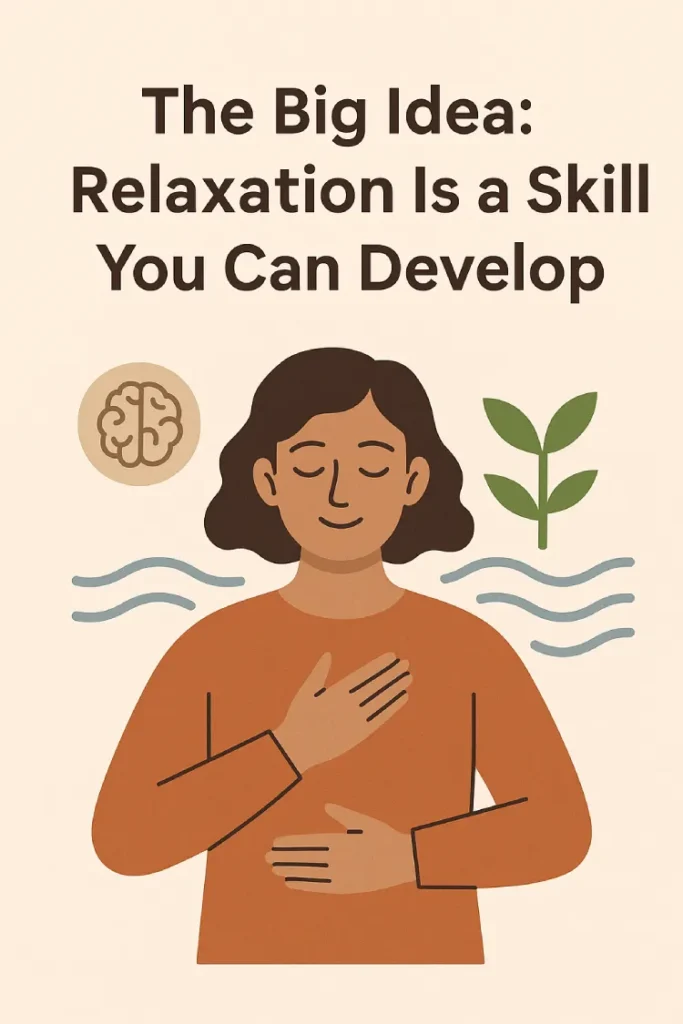 Illustration of a calm person practicing relaxation with hands on chest and abdomen, surrounded by symbols of growth like a brain icon, a plant, and gentle waves, representing that relaxation is a skill you can develop.